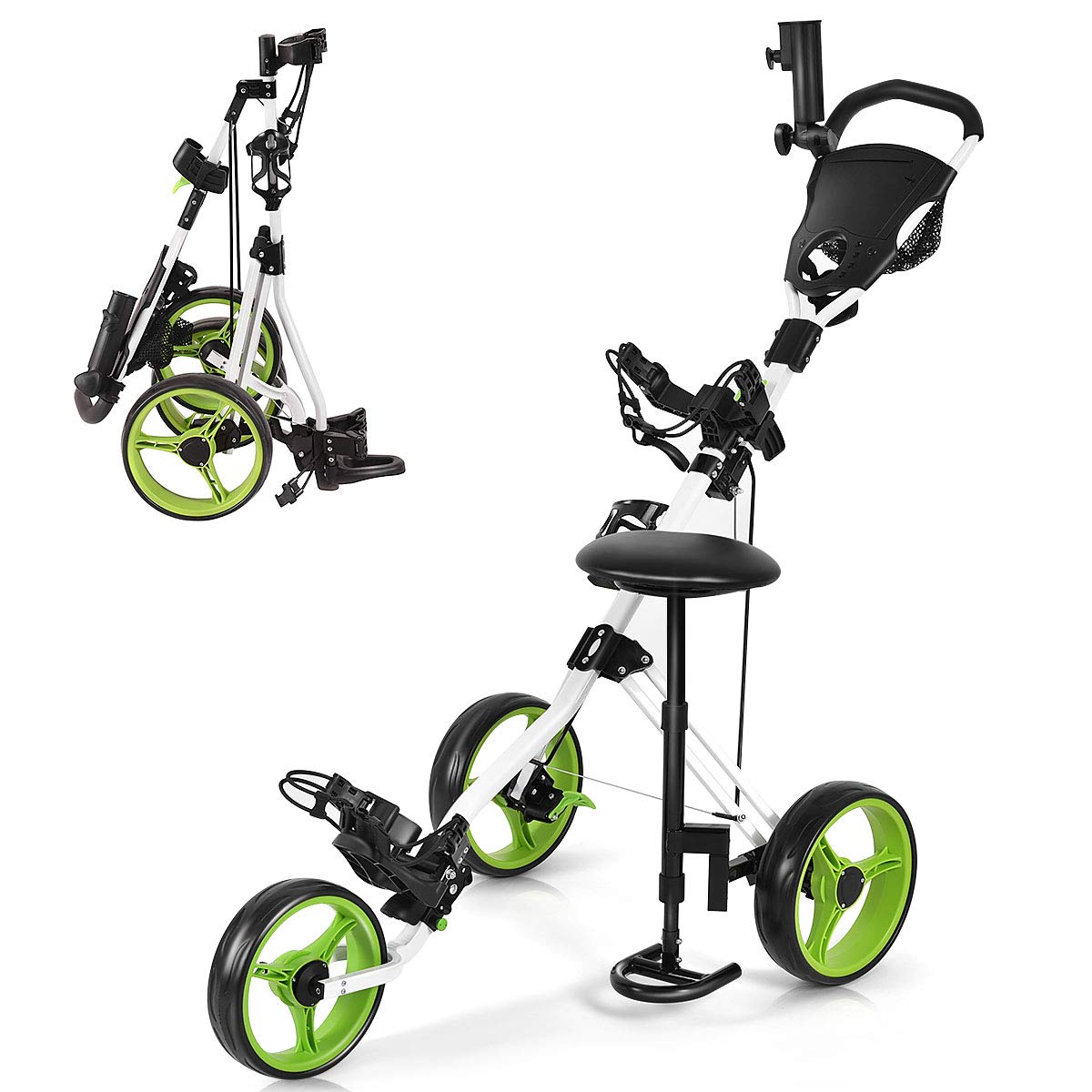 GYMAX Golf Cart, Foldable 3 Wheel Golf Push Cart with Detachable Seat, Umbrella Holder & Scoreboard