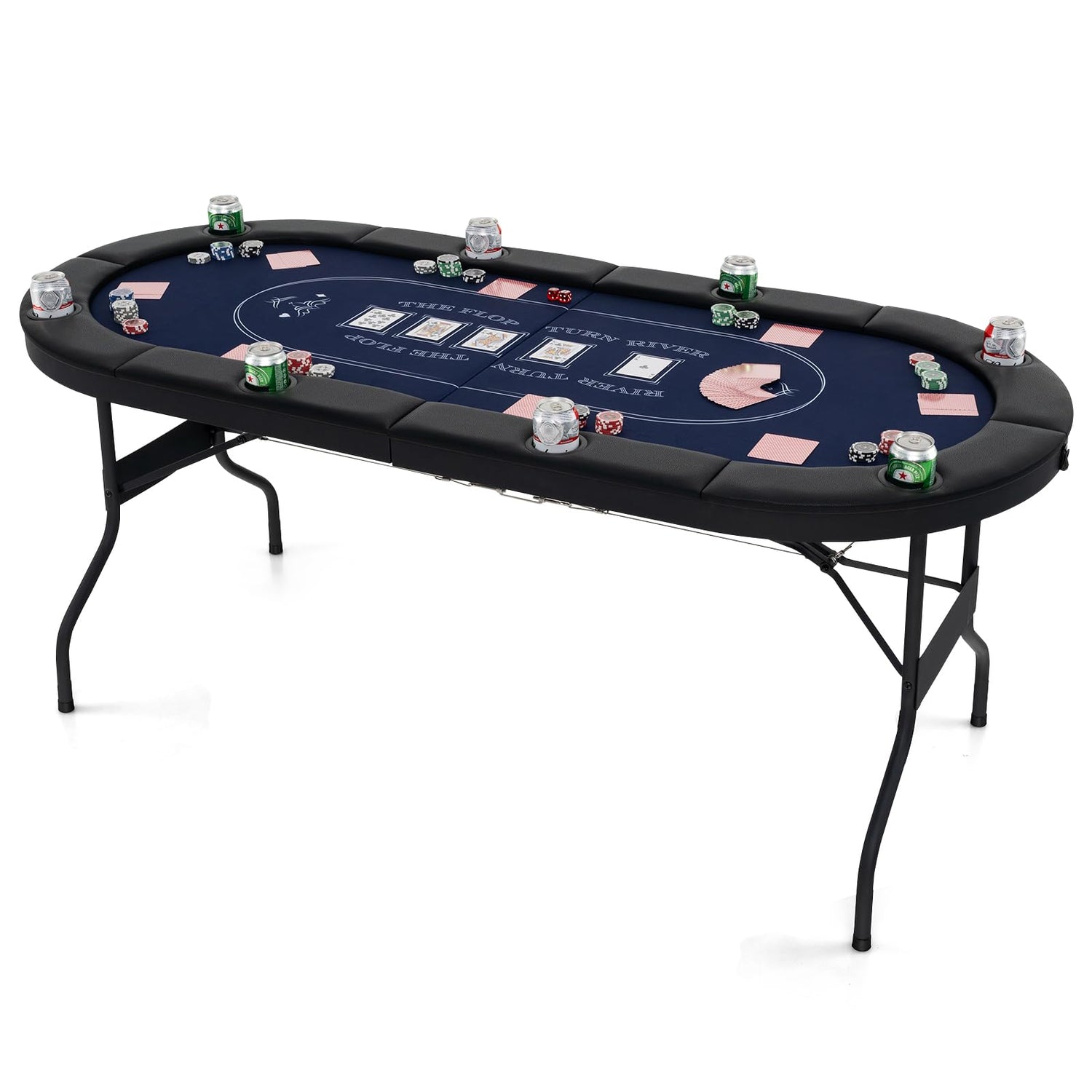 GYMAX Poker Table Foldable 8-Player Texas Holdem with Metal Cup Holders