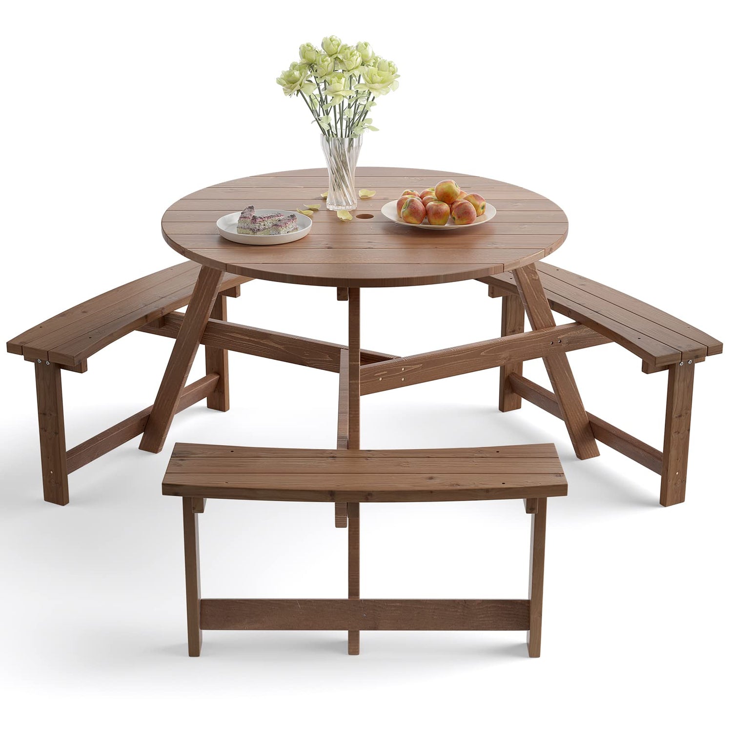 GYMAX Picnic Table, 6 People 1720lbs Wooden Picnic Table Bench Set with Umbrella Hole