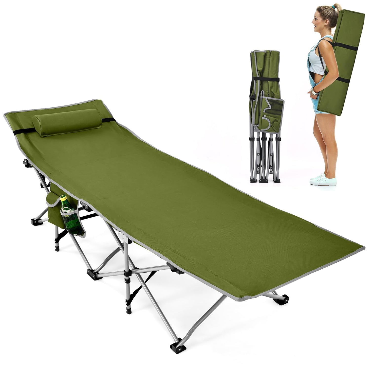 GYMAX Camping Cot, Folding Portable Lightweight Sleeping Cot with Pillow, 2 Side Pockets & Carrying Bag