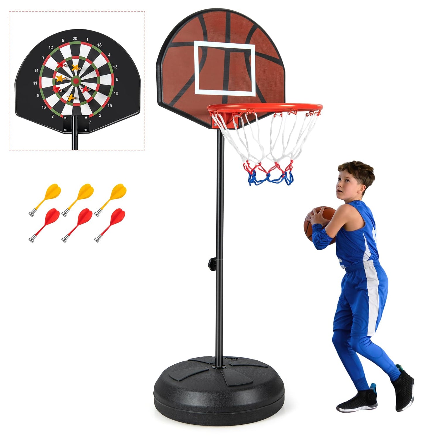 GYMAX Kids Basketball Hoop with Dart Board, 3.2-4.8 FT Adjustable Indoor & Outdoor Toddler Basketball Hoop