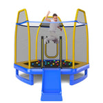 GYMAX Trampoline for Kids, ASTM Approved 7FT Trampoline with Slide, Ladder, Ocean Balls & Mats