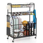 GYMAX Garage Sports Equipment Organizer, Ball Storage with Basket, Hooks, Lockable Wheels