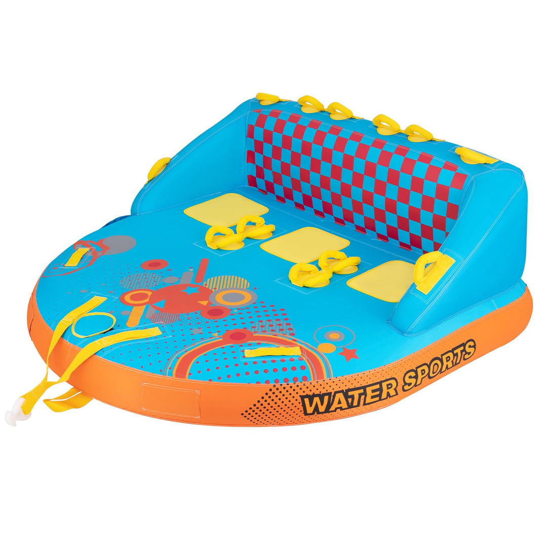 GYMAX Towable Tube for Boating, 3 Riders Inflatable Boat Tube for Water Sports to Pull, Boat Tubes with EVA Seat Pads