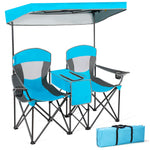 GYMAX Double Camping Chair, Beach Chair with Canopy Shade, Adjustable UV Protection, Cooler, Cup Holder & Carry Bag
