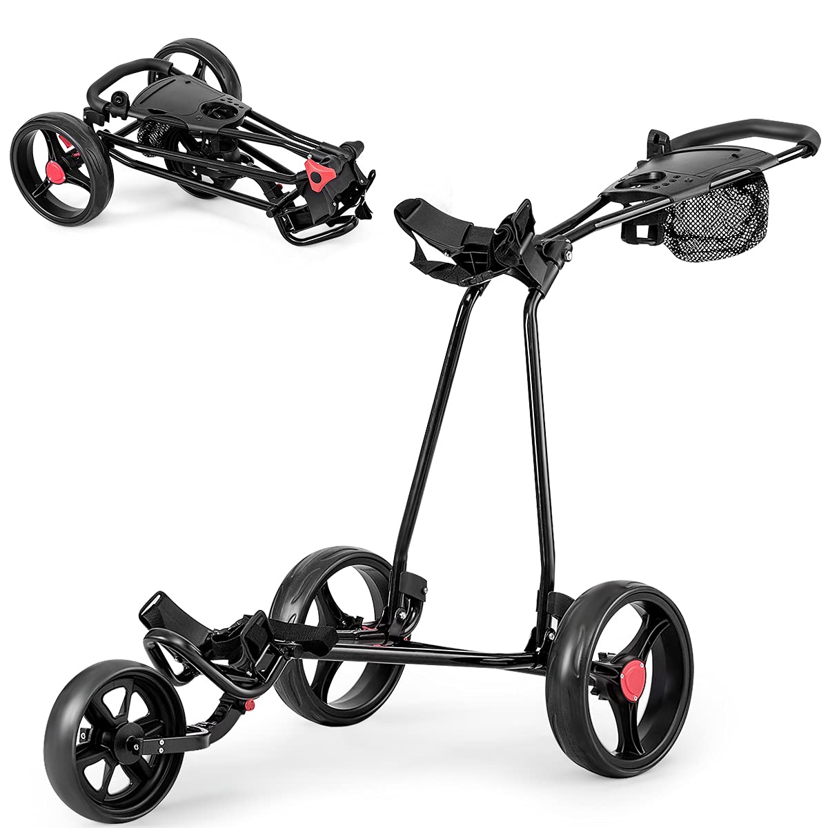 GYMAX Folding Golf Push Cart, 3 Wheel Adjustable Golf Pull Trolley with Cup Holder, Umbrella Holder