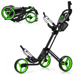 GYMAX Folding Push Cart, 3 Wheel Height Adjustable Lightweight Trolley W/Umbrella Holder & Mesh Bag