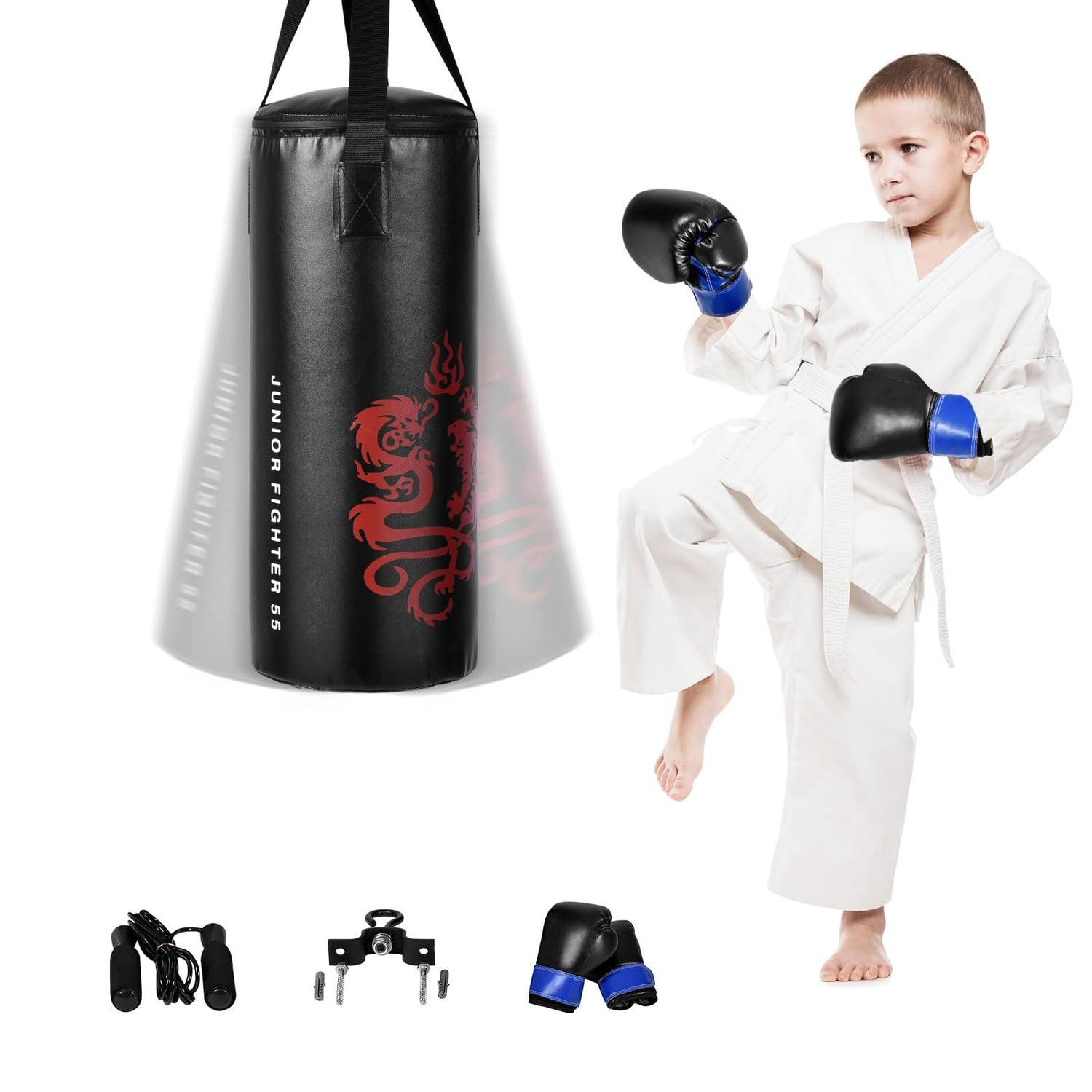 GYMAX Kids Punching Bag Set, Prefilled Junior Kick Boxing Bag Kit with Gloves & Jumping Rope, 44 LBS