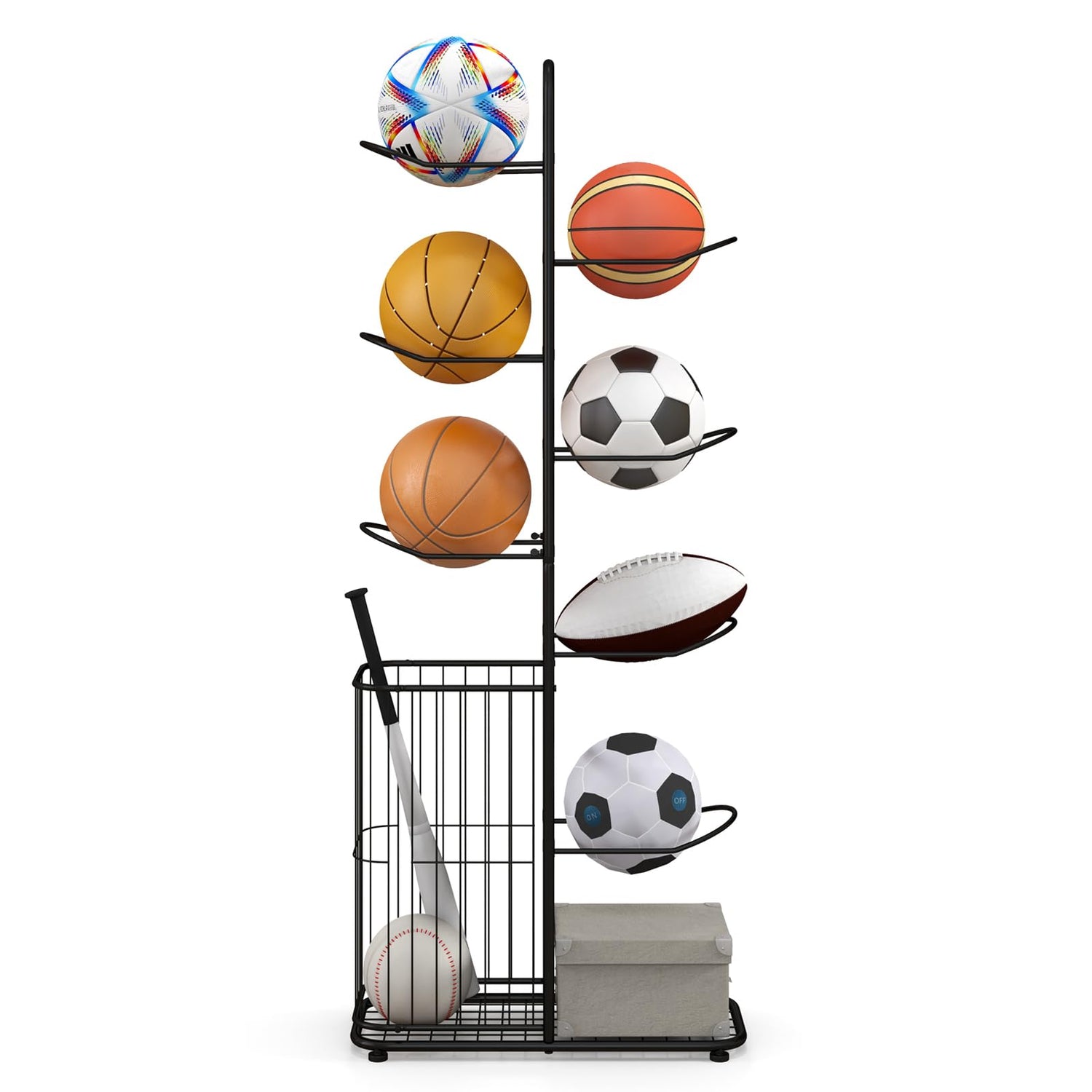 GYMAX Sports Equipment Organizer, Basketball Rack 7-Tier with Removable Hanging Rods, Side Ball Basket