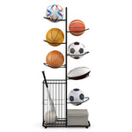 GYMAX Sports Equipment Organizer, Basketball Rack 7-Tier with Removable Hanging Rods, Side Ball Basket