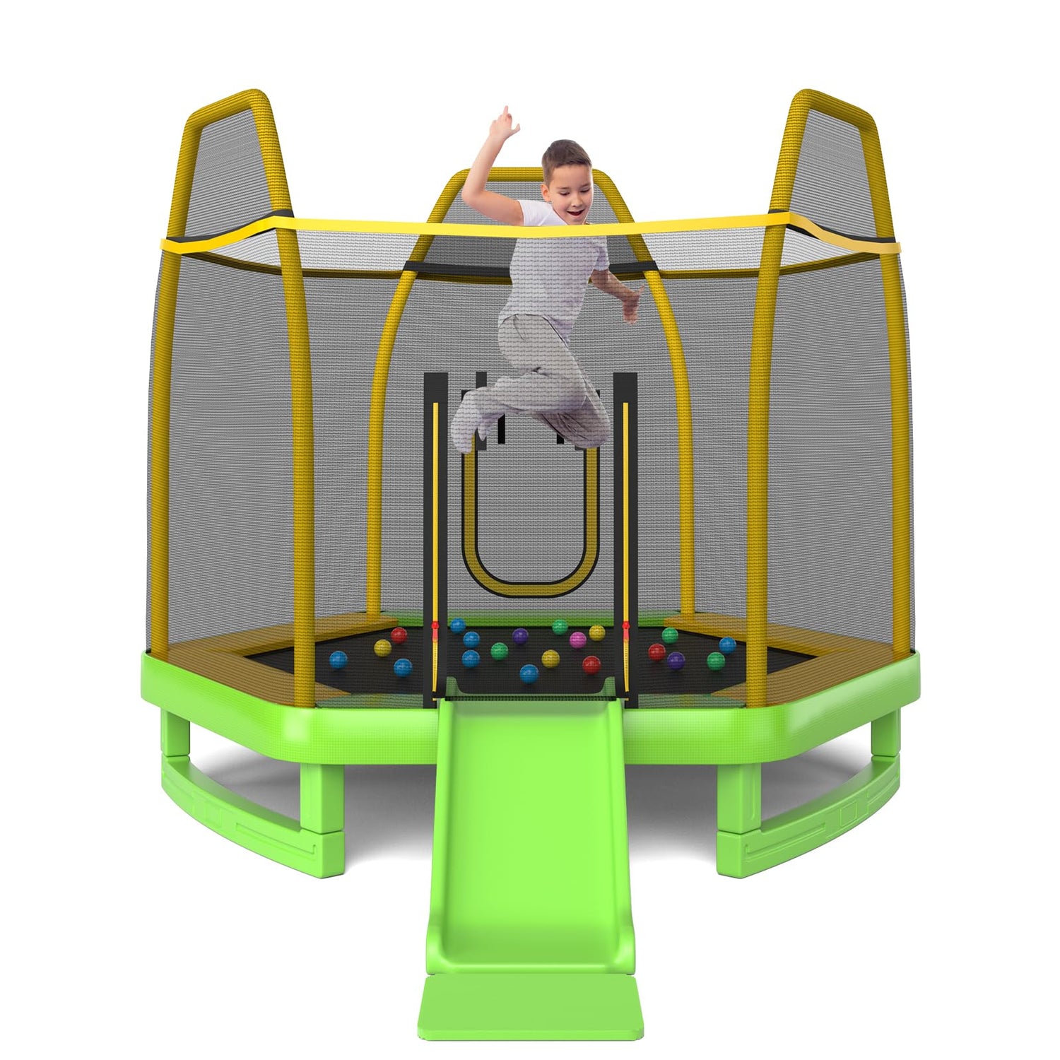 GYMAX Trampoline for Kids, ASTM Approved 7FT Trampoline with Slide, Ladder, Ocean Balls & Mats
