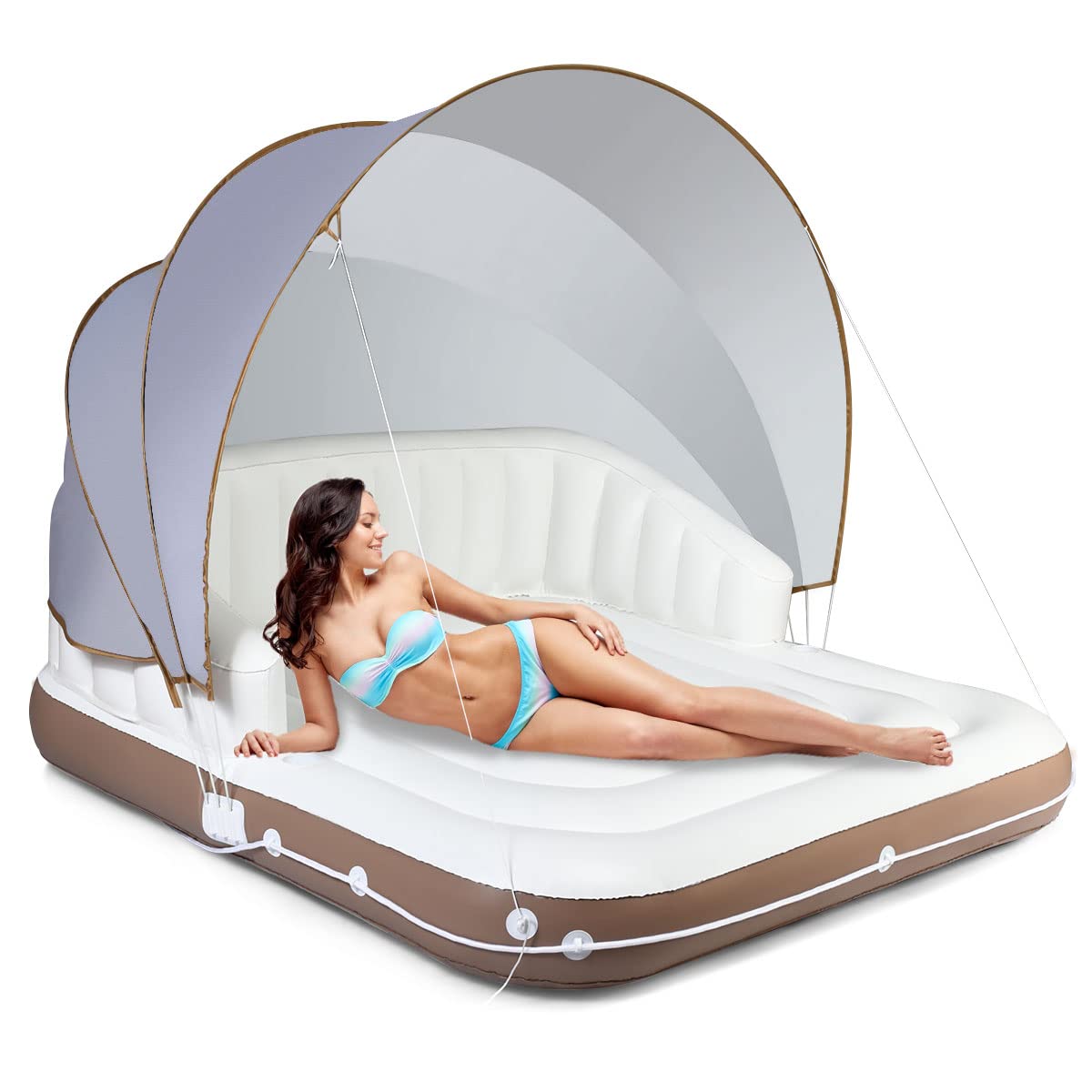 GYMAX Canopy Floating Island, 2-3 Person 441lbs Inflatable Lake Floats with UPF50 Retractable Sunshade