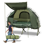GYMAX Tent Cot, 5-in-1 Folding Camping Cot with Mattress & Pillows, Sleeping Bags, Sunshade