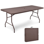 GYMAX 6FT Folding Table, Portable Lightweight Camping Table with Carry Handle (Rattan Tabletop with Umbrella Hole)