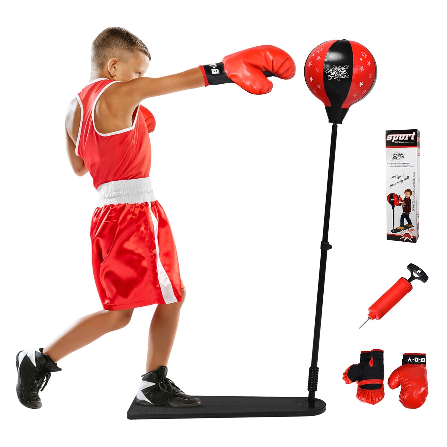 GYMAX Punching Bag Set for Kids, Gift Box Included, Height Adjustable Toddler Boxing Bag with Stand