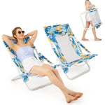 GYMAX Folding Low Beach Chair Set of 2/4 Patio Sling Chairs with Padded Head Pillow