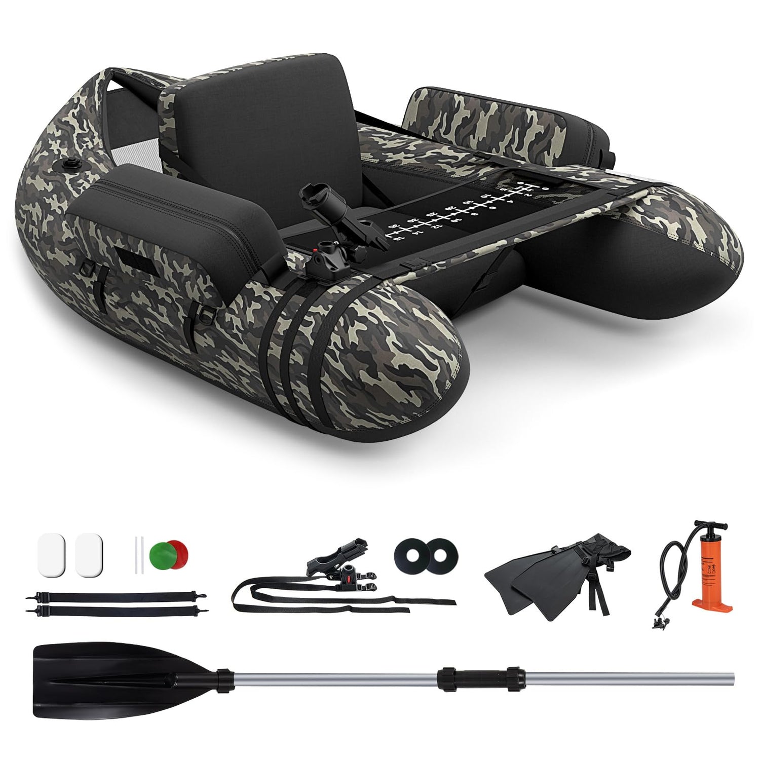 GYMAX Fishing Float Tube, 350lbs Inflatable Fishing Boat with Paddle, Pump, Flippers, Fish Hook Stators