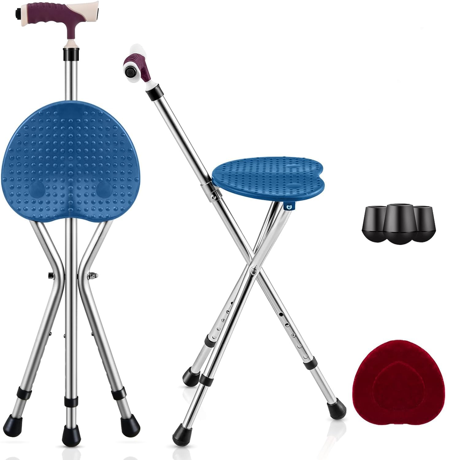 GYMAX Walking Stick Chair Combo, Folding Cane Seat with LED Light, Massage Seat Board & Ergonomic Handle