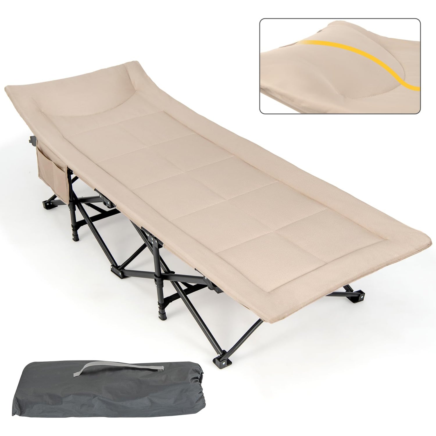 GYMAX Folding Camping Cot for Adults w/Cushion & Pillow, Padded Portable Outdoor Sleeping Bed w/Carrying Bag
