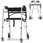 GYMAX Walkers for Seniors, 2-Button Folding Walker with 5 Inches Lockable Wheels, Padded Seat & Trigger Release