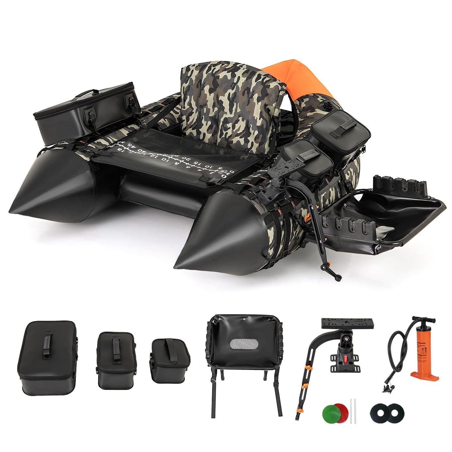 GYMAX Fishing Float Tube, Inflatable Belly Boat with Fish Finder Holder, Rod Rack, Fish Ruler