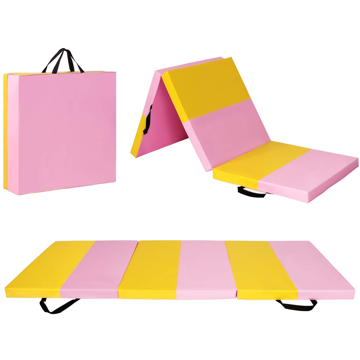 Gymax Tri-fold Exercise Met, Gymnastic Mat Tumbling Fitness Gym Mat with PU Leather & Carry Handles