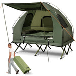 GYMAX Tent Cot, 5-in-1 Folding Camping Cot with Mattress & Pillows, Sleeping Bags, Sunshade