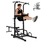 GYMAX Power Tower with Bench, Pull Up Bar Dip Station with Adjustable Height, Foldable Heavy Duty Full Body Strength Training Power Tower
