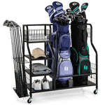 GYMAX Golf Bag Organizer, Heavy-Duty Golf Bag Stand Fits 2 Golf Bags with Golf Clubs Rack