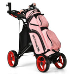 GYMAX Folding Golf Push Cart, Height Adjustable Portable Caddy Cart with Umbrella Holder, Waterproof Bag