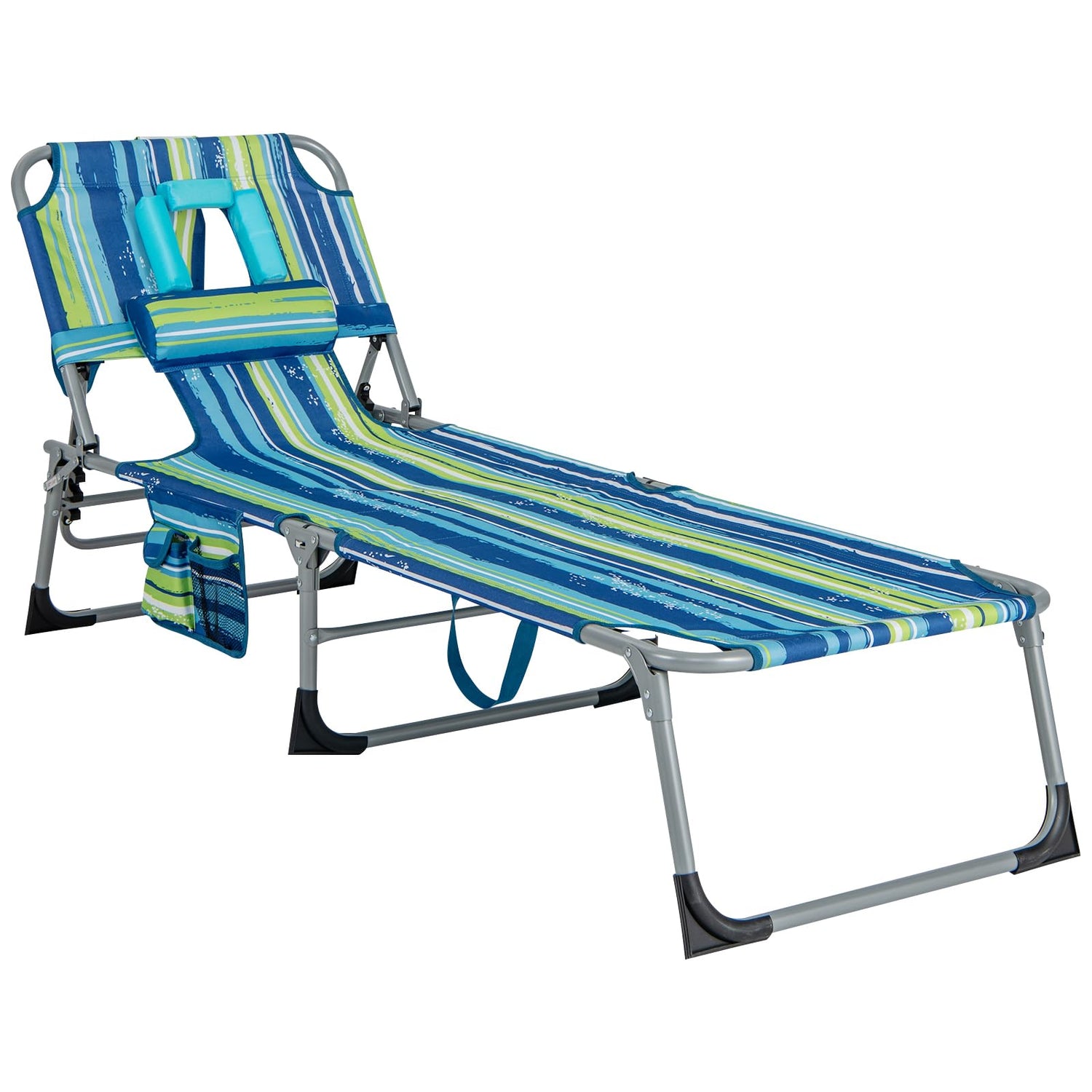 GYMAX Tanning Chair, Folding Beach Lounger with Face Arm Hole, Adjustable Backrest, Side Pocket & Carry Handle
