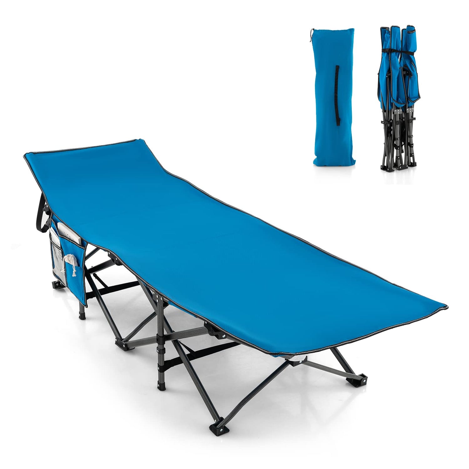 GYMAX Camping Cot, 600 LBS Heavy Duty Sleeping Cot w/Ergonomic Incline Design, 3-in-1 Pocket, Carry Bag