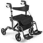 GYMAX 2 in 1 Foldable Rollator Walker, Height Adjustable 4 Wheel Transport Chair with Reversible Backrest