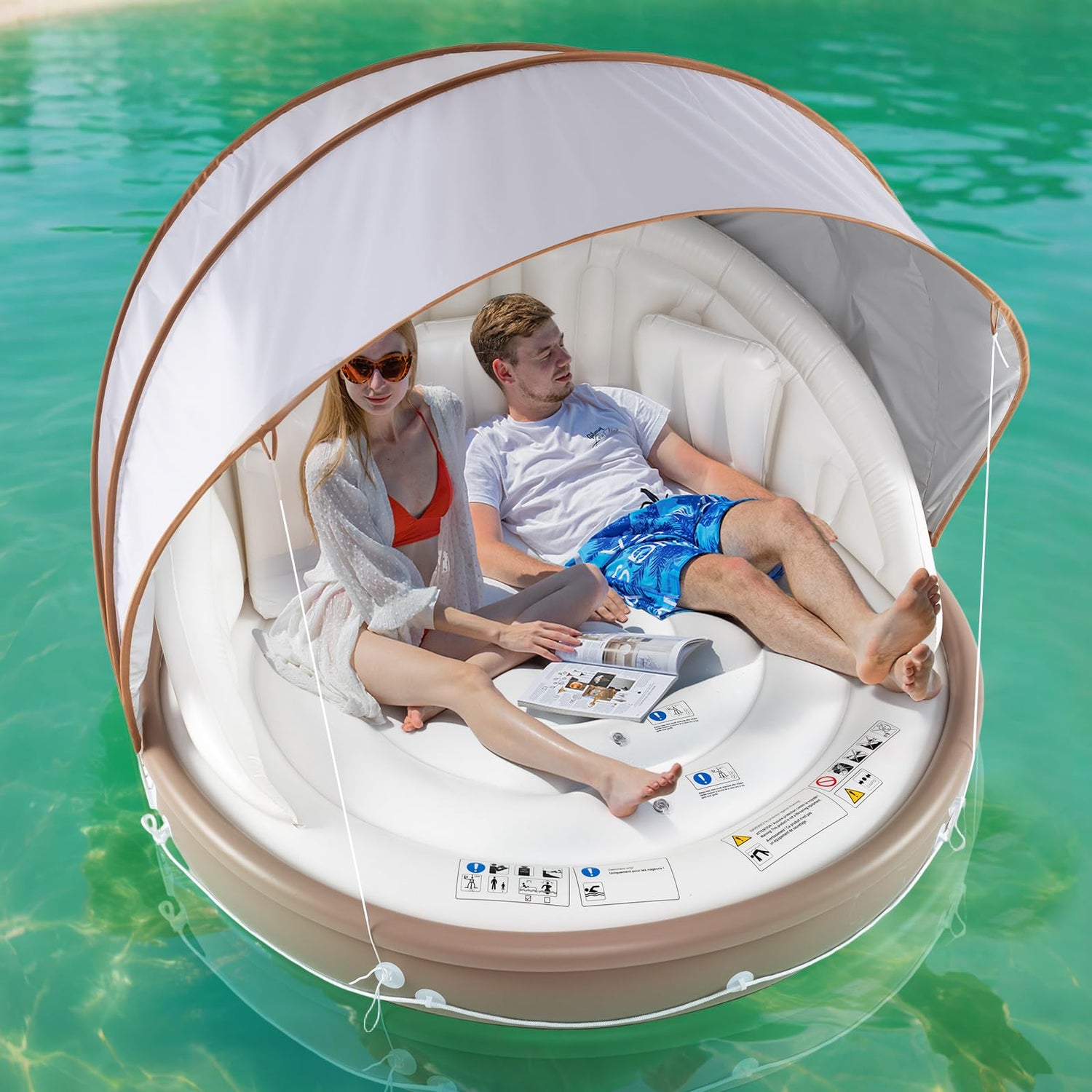GYMAX Pool Float with Canopy 440 lbs Inflatable Floating Island