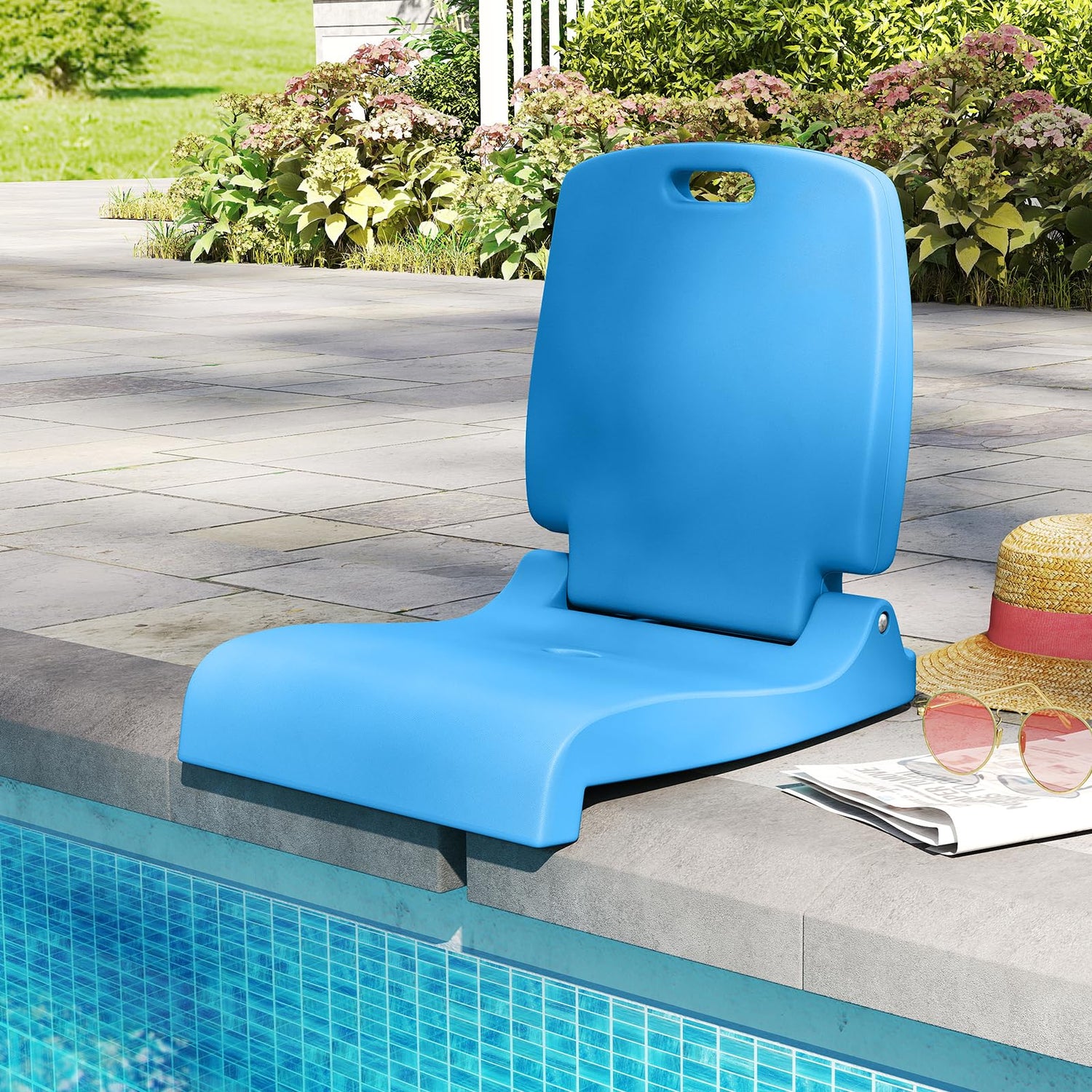 GYMAX Foldable Poolside Chairs for Edge of Pool Portable Pool Chair with Handle