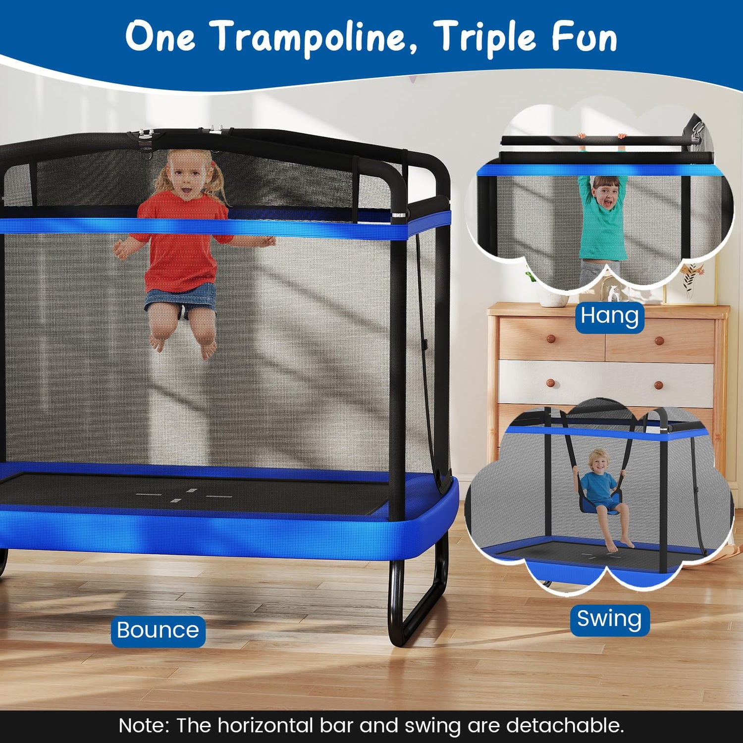 GYMAX Rectangle Trampoline for Kids 70” Toddler Rebounder with Detachable Swing