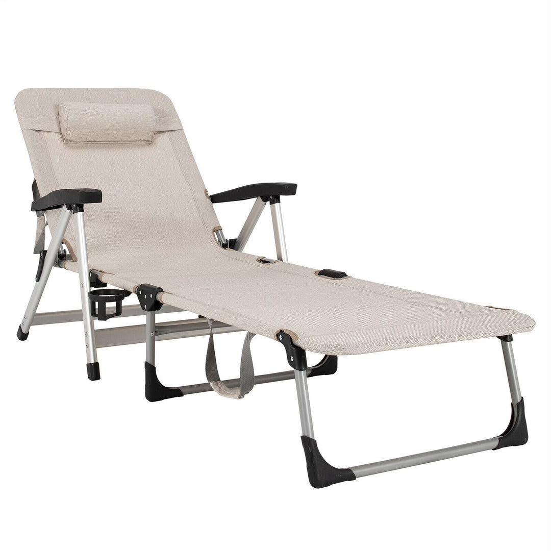GYMAX Lounge Chair Outdoor, Chaise Lounger w/Adjustable Backrest, Cup Holder & Carry Handle, Folding Portable Tanning Layout Chair