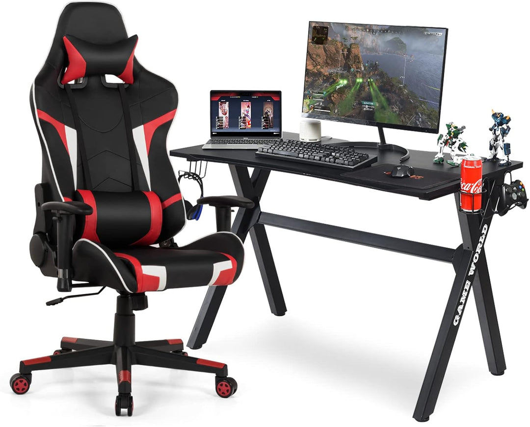 GYMAX Massage Gaming Chair Desk Set Racing Computer Swivel Chair with Lumbar Support