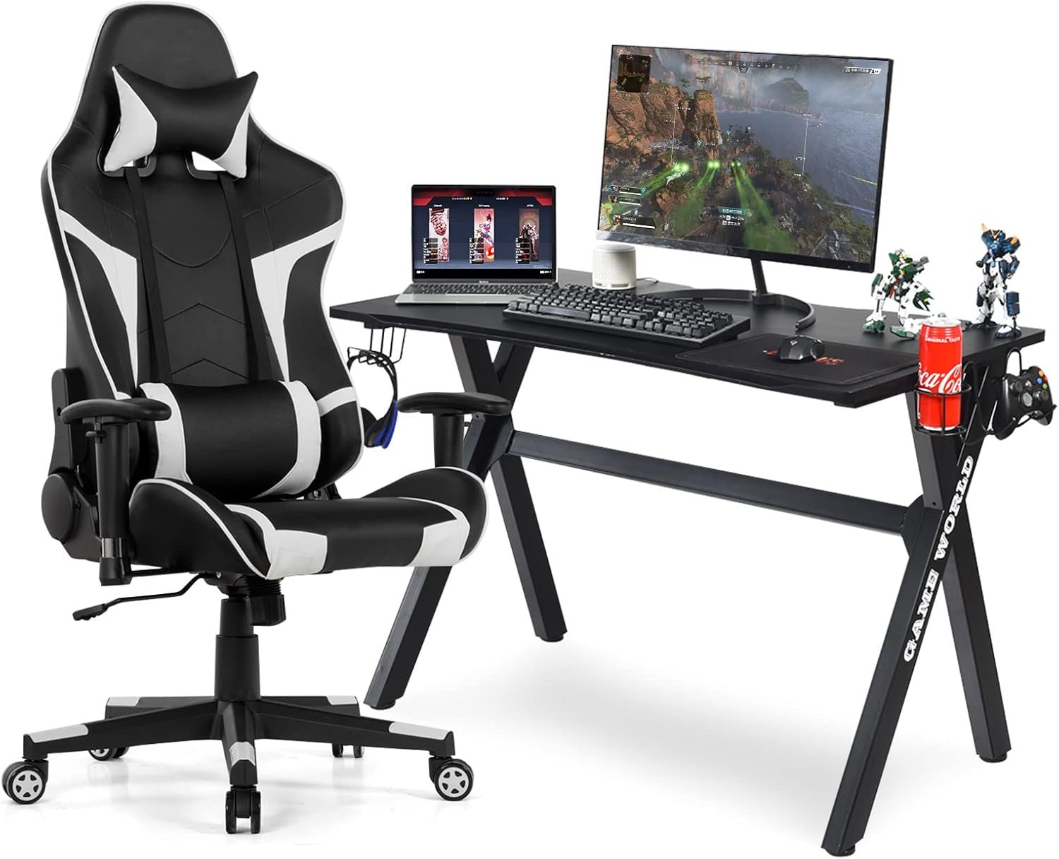 GYMAX Massage Gaming Chair Desk Set Racing Computer Swivel Chair