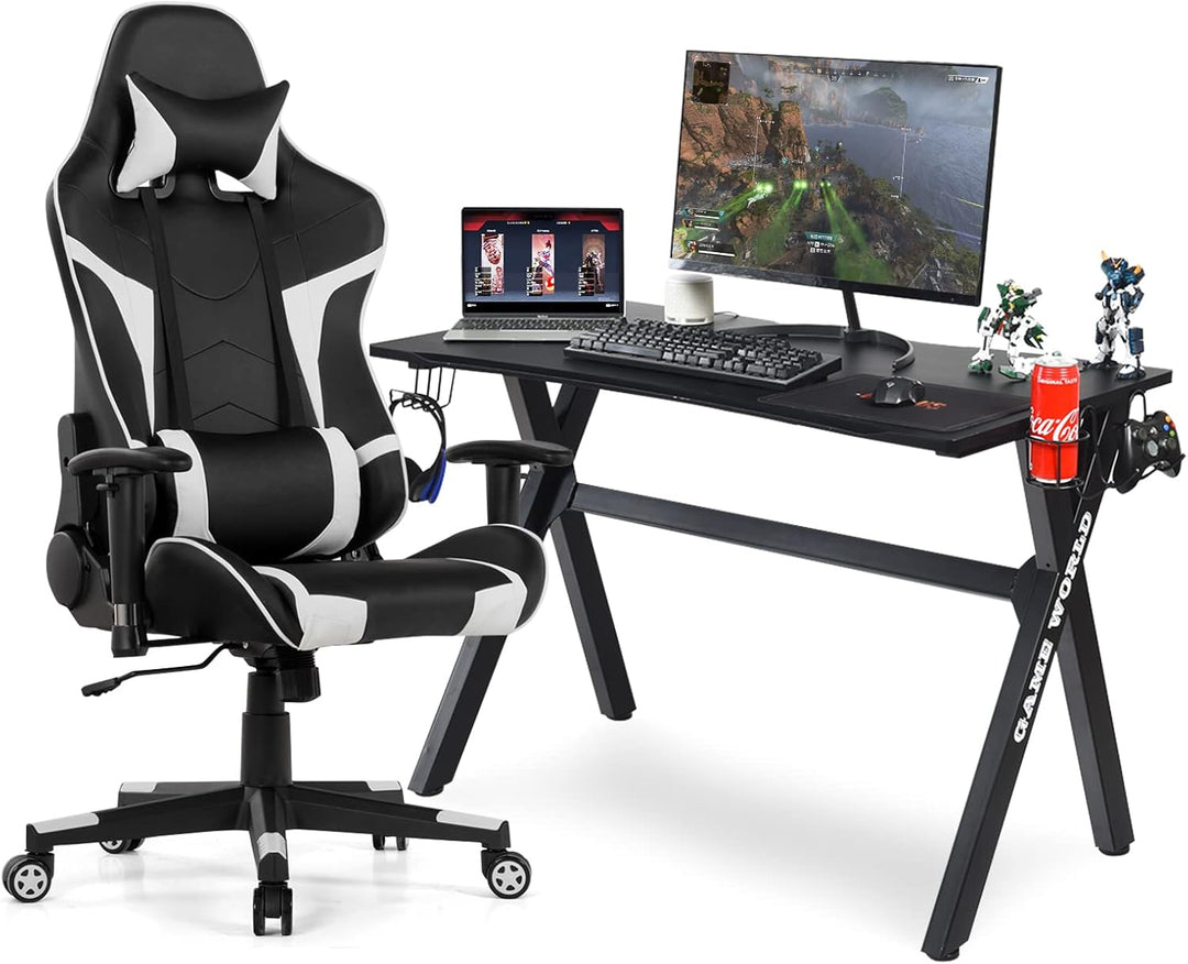 GYMAX Massage Gaming Chair Desk Set Racing Computer Swivel Chair with Lumbar Support