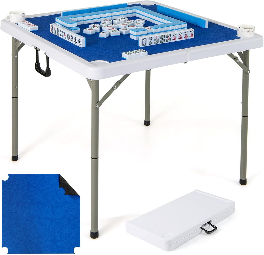 GYMAX Mahjong Table Foldable with Mahjong Mat, 4-Player Square Domino Table w/Cup Holders & Carrying Handle