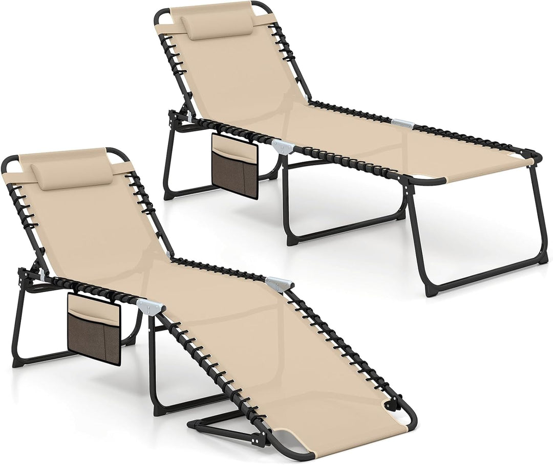 GYMAX Lounge Chair for Outside, 440lbs 27” Oversize Folding Beach Tanning Sunbath Chair with Adjustable Backrest & Removable Pillow