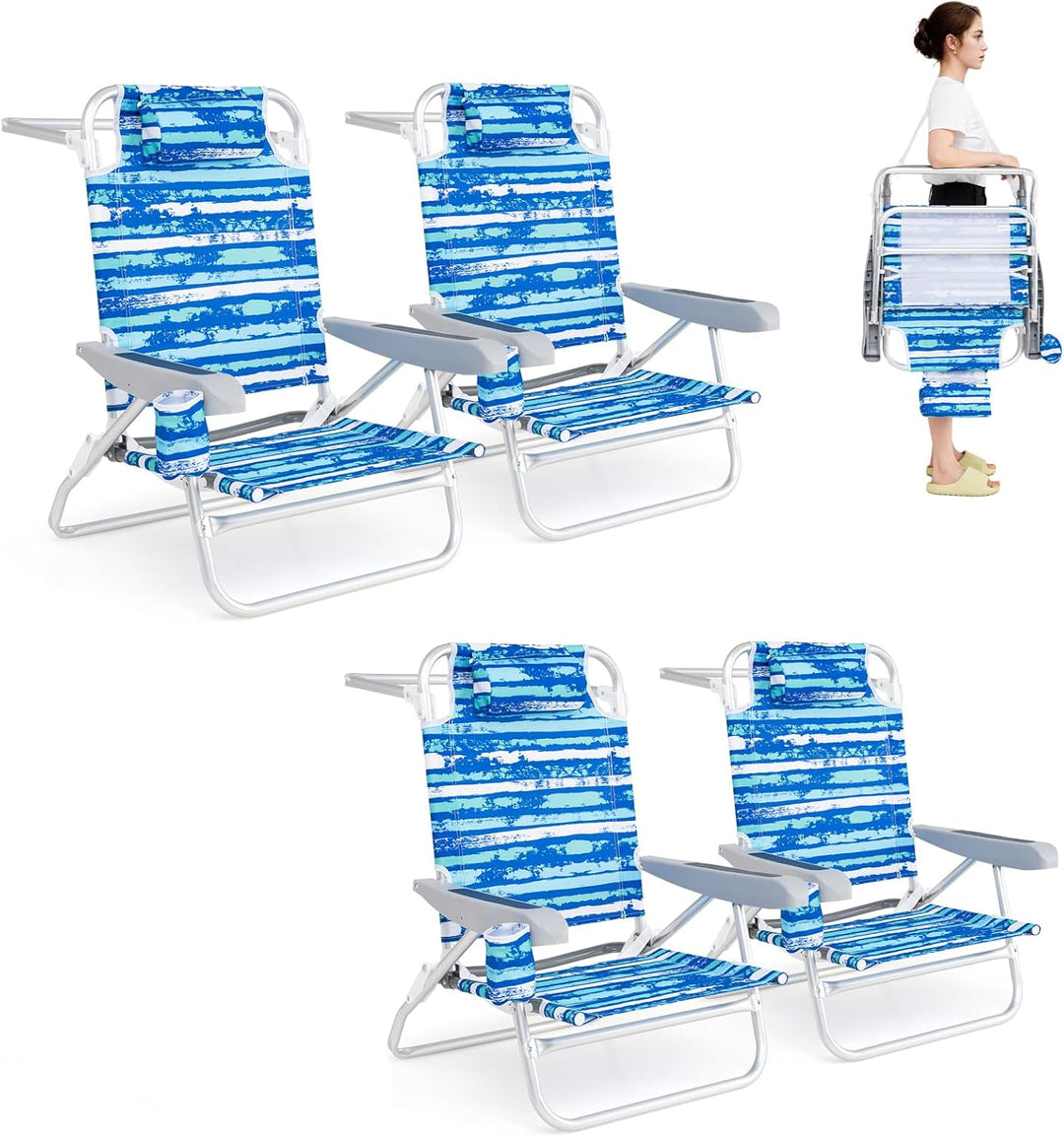 GYMAX 2/4 Pack Folding Beach Chair with Adjustable Positions and Head Pillow