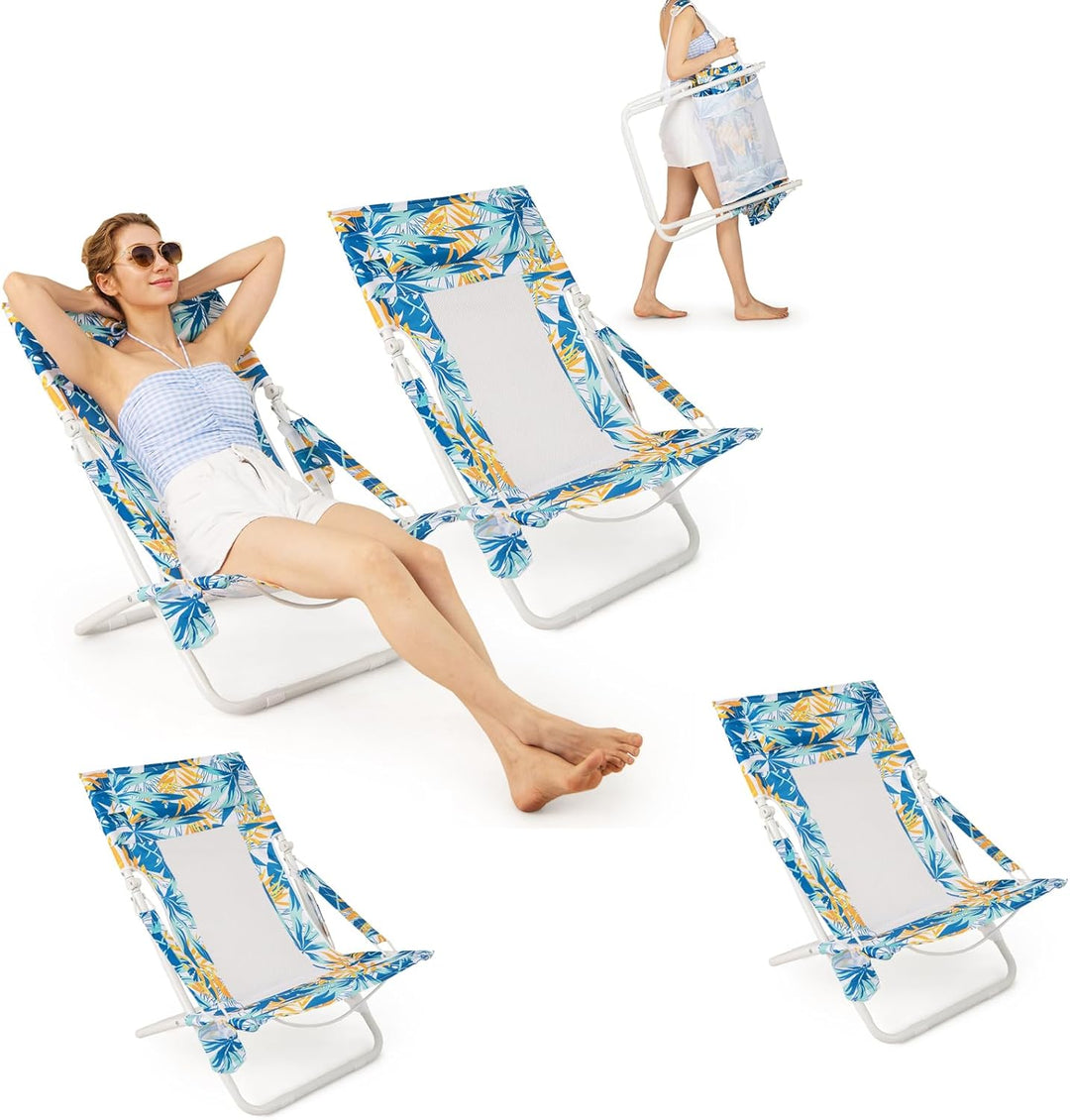 GYMAX Folding Low Beach Chair Set of 2/4 Patio Sling Chairs with Padded Head Pillow