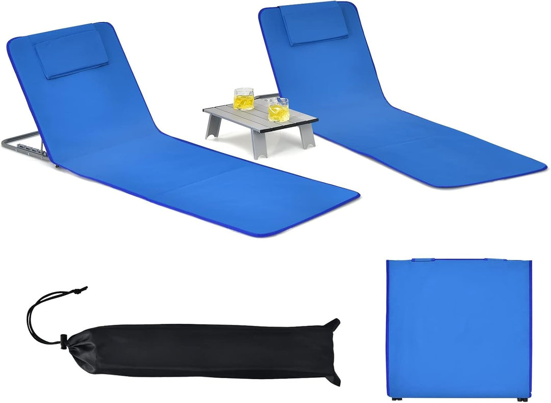GYMAX Beach Chairs, Folding Tanning Lounge Chairs with Table Set, Adjustable Patio Floor Chair, Outdoor Sunbath Chair with Desk