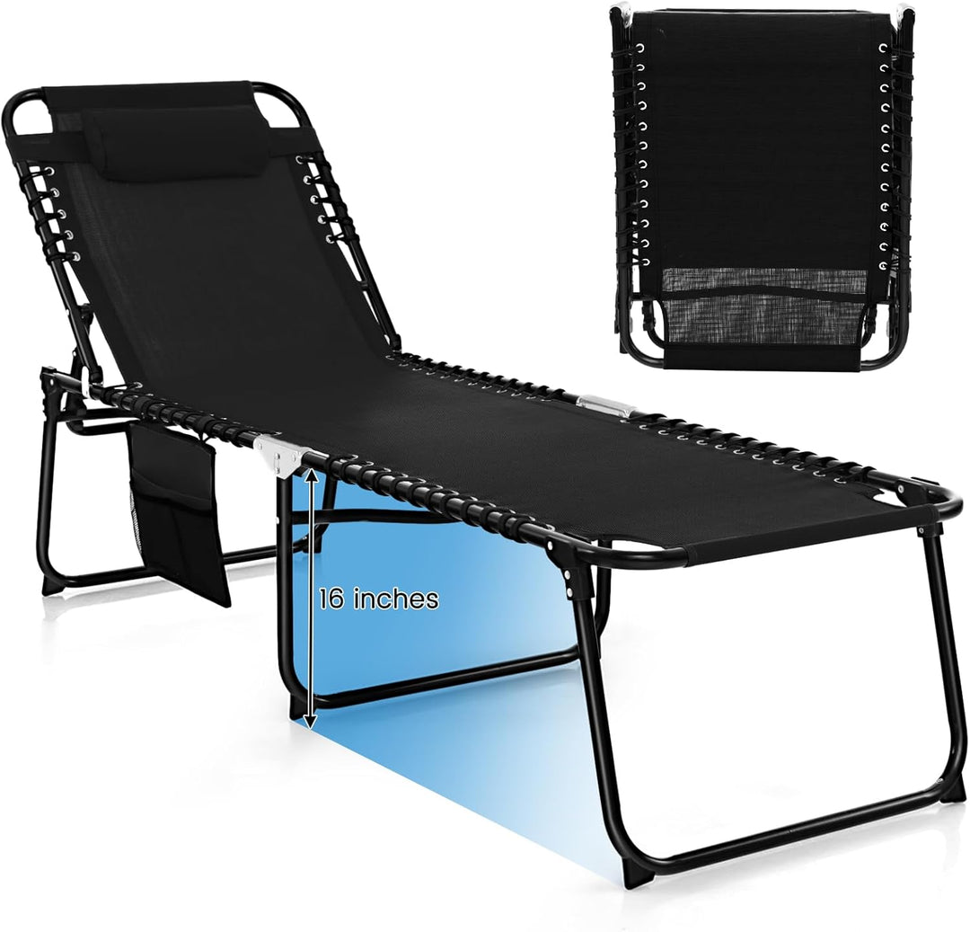 GYMAX Lounge Chairs for Outside, Extra High Folding Beach Tanning Lounger with Adjustable Backrest