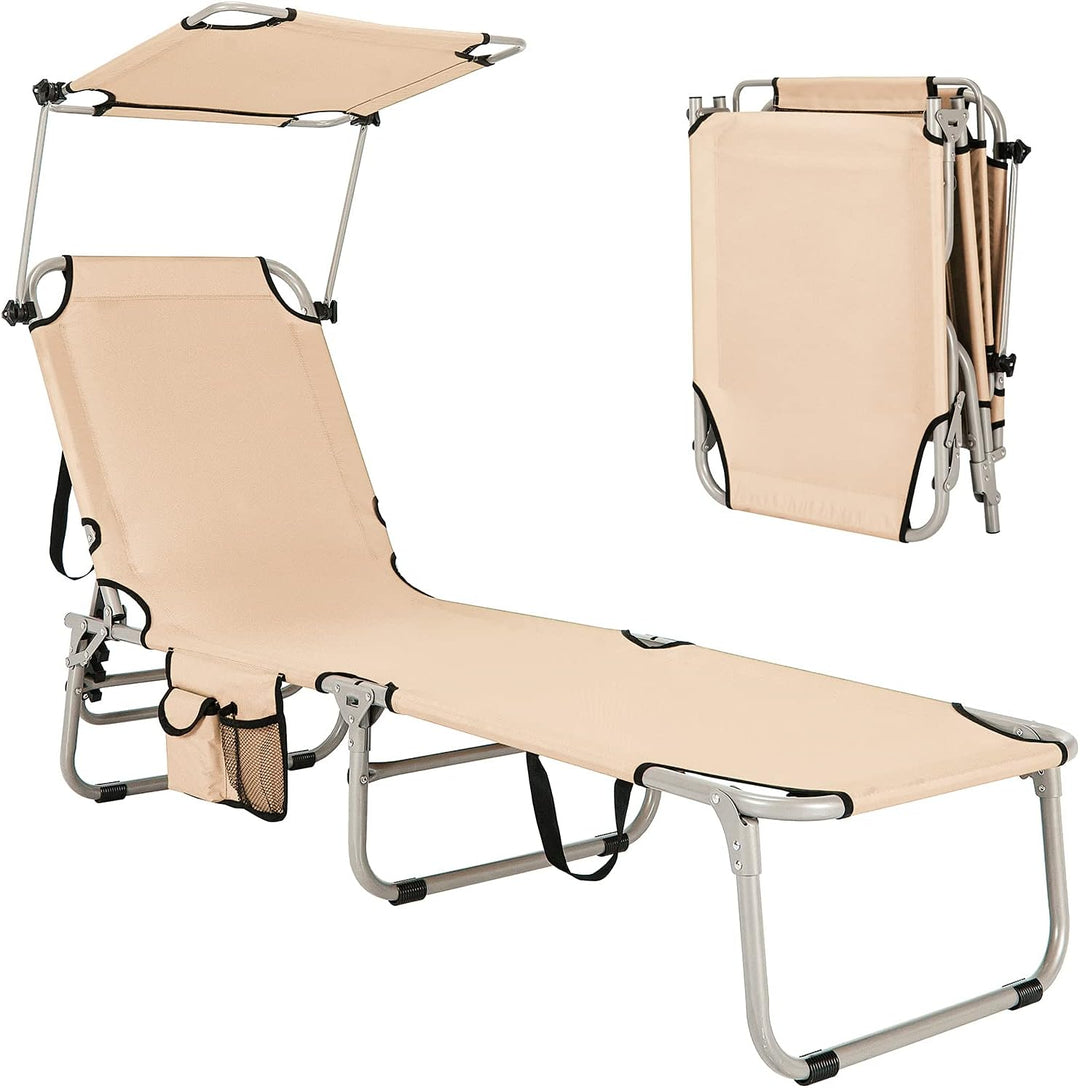 GYMAX Beach Chair with Canopy Shade, Folding Tanning Lounge with Adjustable Backrest