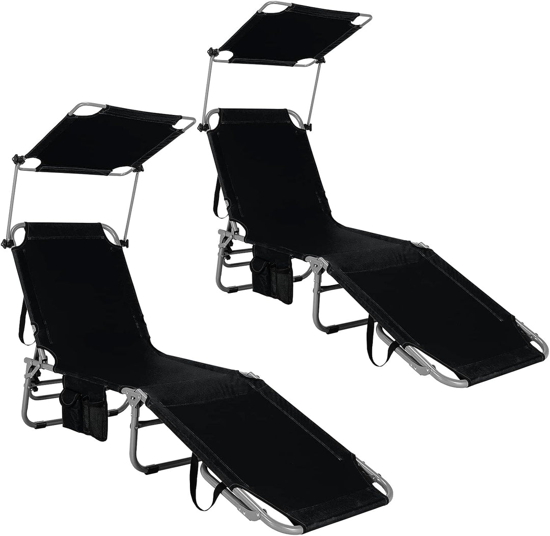 GYMAX Beach Chair with Canopy Shade, Folding Tanning Lounge with Adjustable Backrest