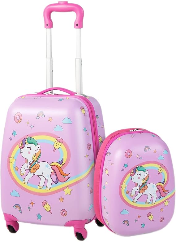 GYMAX Kids Carry On Luggage Set, 12" & 16" 2PCS Rolling Suitcase