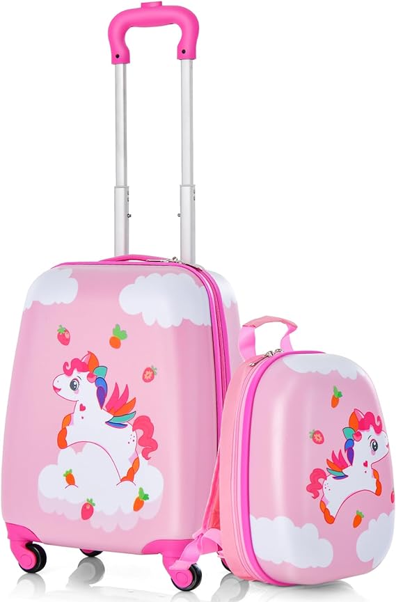 GYMAX Kids Carry On Luggage Set, 12" & 16" 2PCS Rolling Suitcase